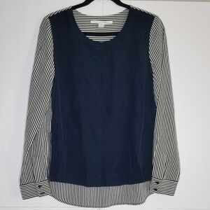 Diane von Furstenberg Silk Blouse Navy & Ivory Striped Sleeves Size 8